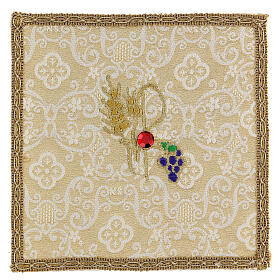 Pall of golden satin and jacquard fabric, ear of wheat and grapes, 15x15 cm