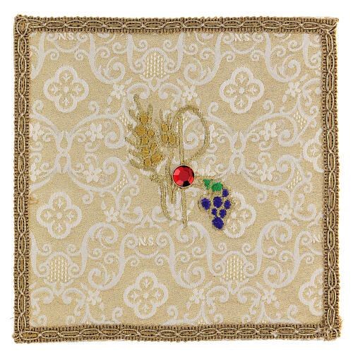 Pall of golden satin and jacquard fabric, ear of wheat and grapes, 15x15 cm 1