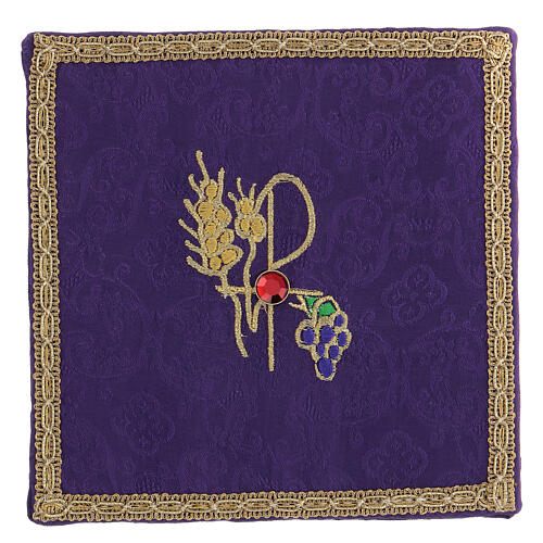 Rigid pall, purple satin and jacquard fabric, golden passementerie, 15x15 cm 1