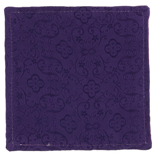 Rigid pall, purple satin and jacquard fabric, golden passementerie, 15x15 cm 3