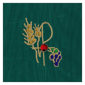 Pall of green moiré fabric, ear of wheat and grapes, 15x15 cm