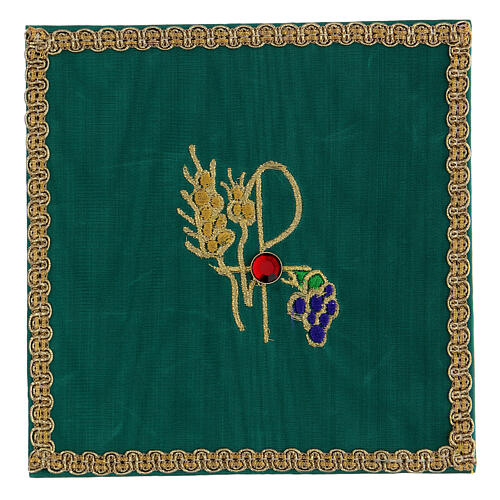 Pall of green moiré fabric, ear of wheat and grapes, 15x15 cm 1