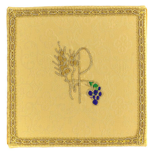 Pall for chalice of yellow jacquard and satin, Chi-Rho ears of wheat and grapes, 6x6 in 1