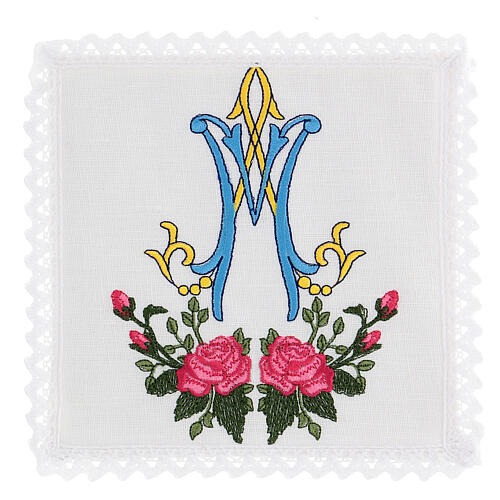 Marian altar linens, embroidered roses, cotton, set of 4 1