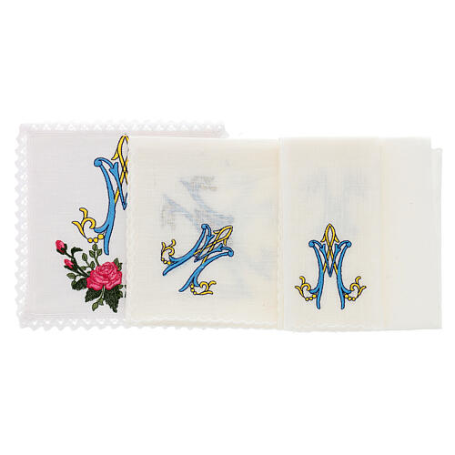 Marian altar linens, embroidered roses, cotton, set of 4 2