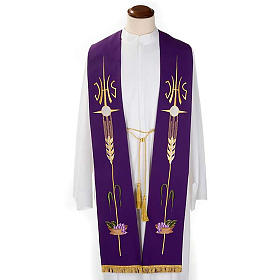 Liturgical stole with JHS, ear of wheat, grapes and host