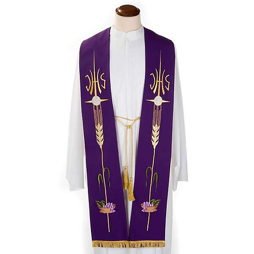 Liturgical stole with JHS, ear of wheat, grapes and host 2
