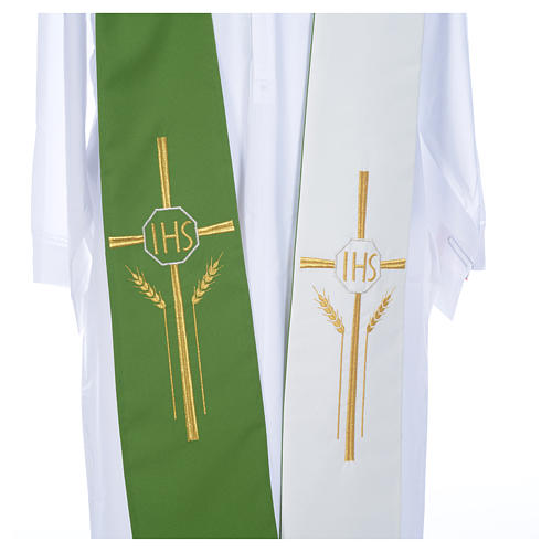 Clergy Stole in polyester, bi-colored green and white with JHS and whe 3