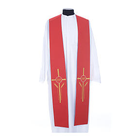 Clerical Stole in polyester, purple and red with JHS and wheat