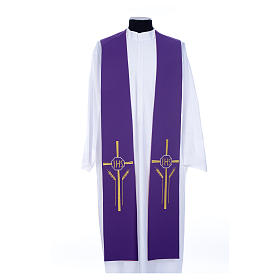 Clerical Stole in polyester, purple and red with JHS and wheat