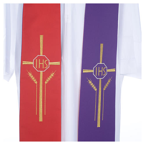 Clerical Stole in polyester, purple and red with JHS and wheat 3