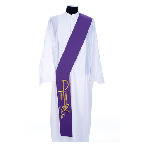 Diaconal stole in polyester, bi-coloured purple, red, Chi-rho wh 5