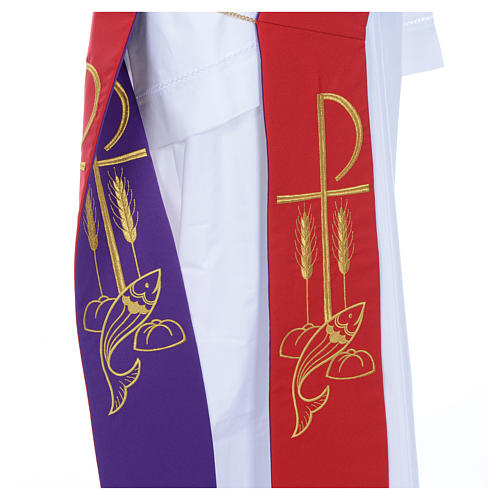 Diaconal stole in polyester, bi-coloured purple, red, Chi-rho wh 8