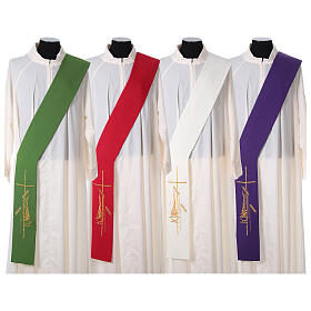 Stole for Deacon in polyester with lamp, cross, ear of wheat embroidery