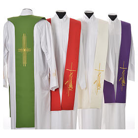 Liturgical Tristole in polyester with cross, lamp and ear of wheat symbols