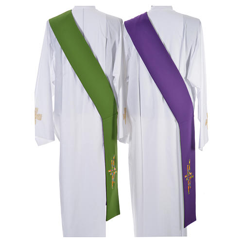Reversible diacon stole, green & purple, multicoloured cross 3