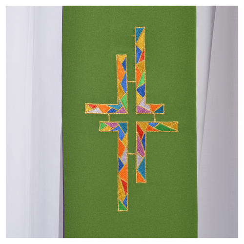 Reversible Deacon Stole, green & purple with multicolored cross 4
