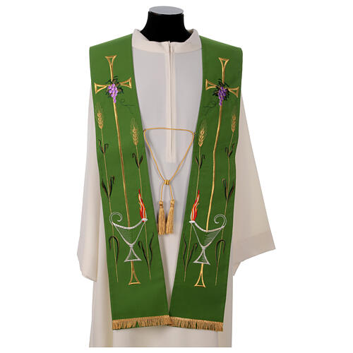 Clergy Stole in polyester canvas with lamp, fire, ears of wheat, cross and grapes 1