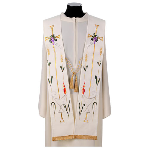 Clergy Stole in polyester canvas with lamp, fire, ears of wheat, cross and grapes 2