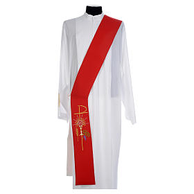Reversible diaconal priest stole white red, chalice, host and grapes