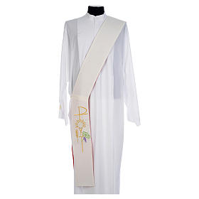 Reversible diaconal priest stole white red, chalice, host and grapes