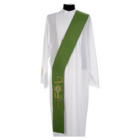 Diakonstola aus 100% Polyester, Doubleface grün-violett, mit Kelch, Hostie und Weinrebe bestickt