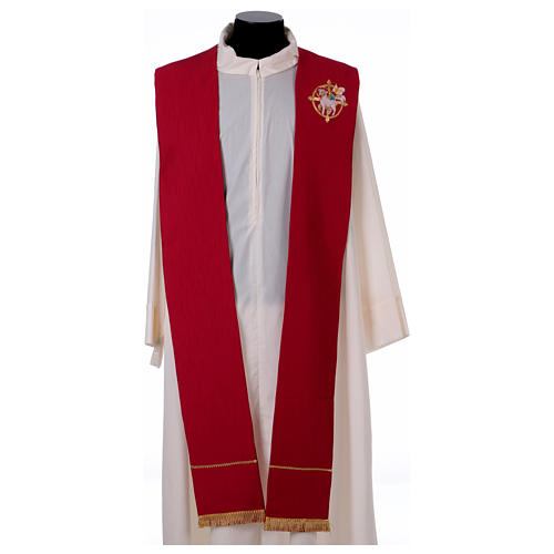 Red priest stole in silk blend hand-embroidered 1