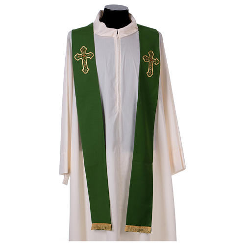Green priest stole in pure wool hand-embroidered 1