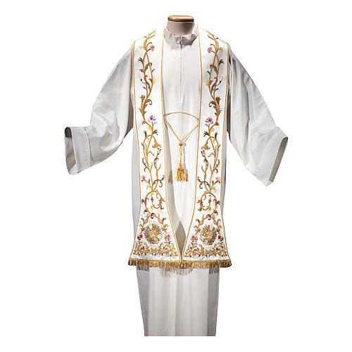 Roman stole in silk and cotton with fringe, hand-embroidered Gamma 1