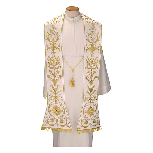 Roman stole in silk cotton HAND EMBROIDERED with fringe and tinsel bow Gamma 1