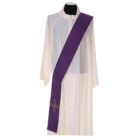 Zweifarbige Diakonstola weiss/violett mit goldenen Kreuz 100% Polyester