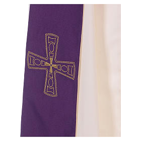 Zweifarbige Diakonstola weiss/violett mit goldenen Kreuz 100% Polyester