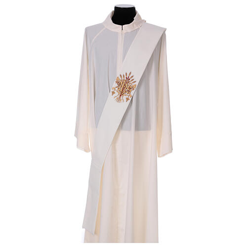 Ivory deacon stole, grapes and ears of wheat IHS, 80% polyester 20% wool 1