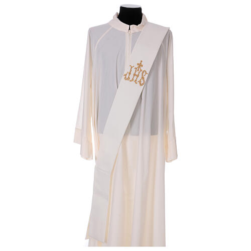 Ivory deacon stole, cross with embossed IHS, 80% polyester 20% wool 1