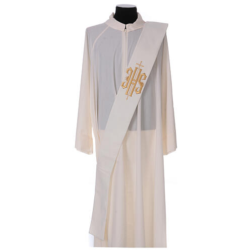 Ivory deacon stole, embossed IHS and cross, 80% polyester 20% wool 1