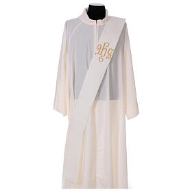 Ivory deacon stole with golden IHS relief, 80% polyester 20% wool