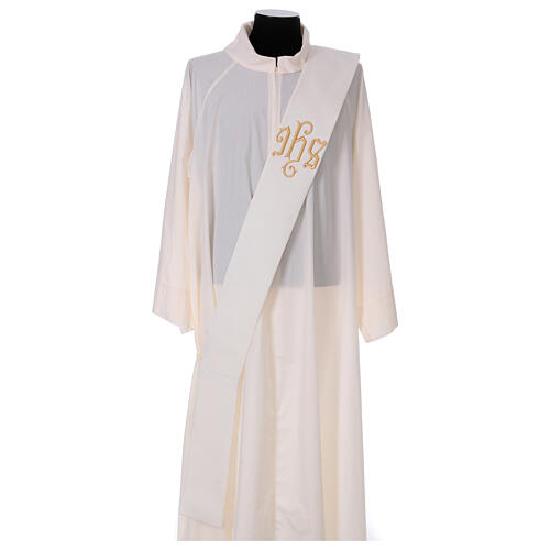 Ivory deacon stole with golden IHS relief, 80% polyester 20% wool 1