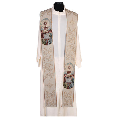 Lamé stole, angels praying, monstrance, lamb, ivory colour 1