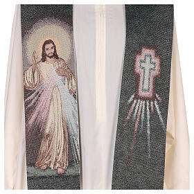 Divine Mercy stole, green fabric, gilt thread