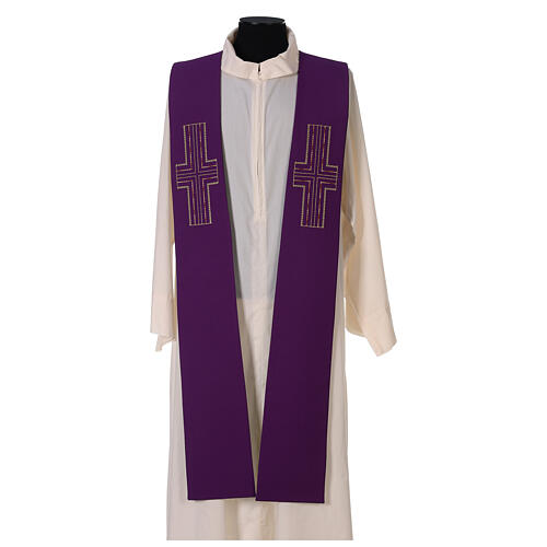 Reversible tristole with cross embroidery, 100% polyester, green and purple 1