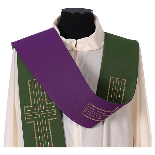 Reversible tristole with cross embroidery, 100% polyester, green and purple 2