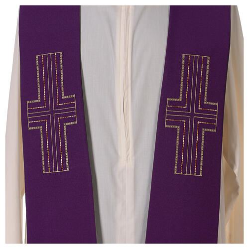 Estola litúrgica 3 pontas bicolor verde e roxo cruz 100% poliéster 3