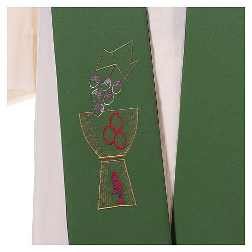Liturgische Stola aus Polyester mit Kelch und Trauben Stickereien, violett und grün 4