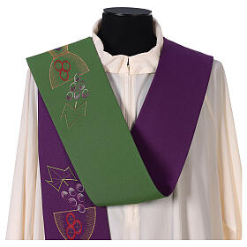 Estola litúrgica três faixas bicolor roxa e verde cálice e uvas 100% poliéster