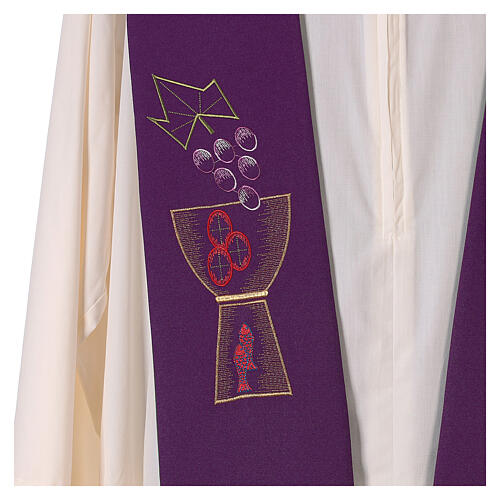 Estola litúrgica três faixas bicolor roxa e verde cálice e uvas 100% poliéster 3