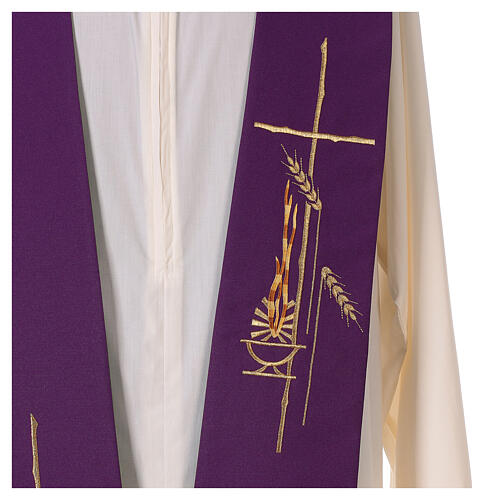Estola litúrgica três faixas bicolor roxa e verde 100% poliéster 3
