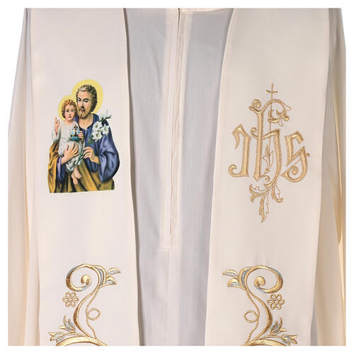 Elfenbeinfarbige bestickte Stola aus Polyester mit Sankt Joseph und vergoldetem IHS Symbol 2