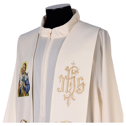 Embroidered stole, Saint Joseph and golden IHS, ivory polyester 4