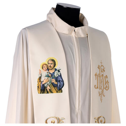 Embroidered stole, Saint Joseph and golden IHS, ivory polyester 6
