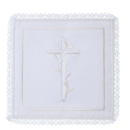 Altar linens of silk, cotton and viscose, set of 4, cross embroidery 1